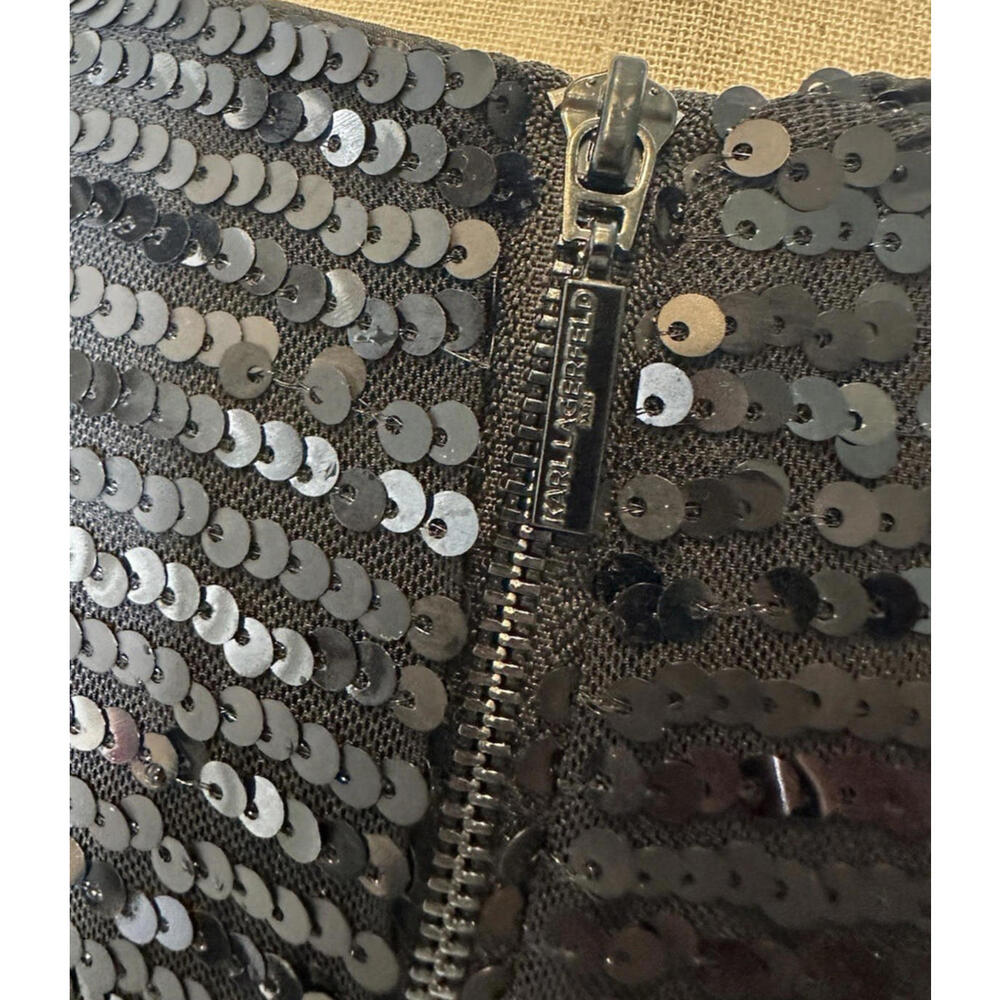 Karl Lagerfeld Sequin Puff Sleeve Shift  Mini Dress Womens 6 Black New NWT $148 - Picture 7 of 9